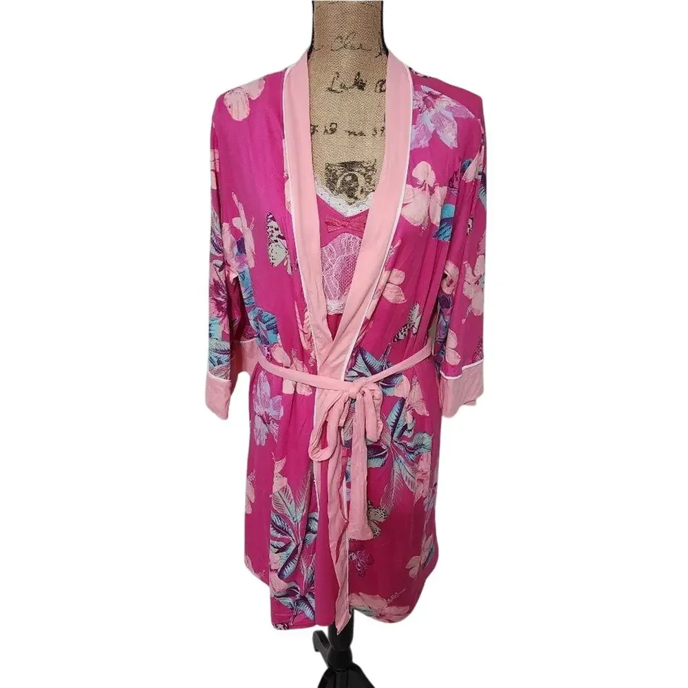 Nanette Lepore‎ Pink Floral Butterfly Robe and Lace Nightgown Set SLS3290 2X/1X